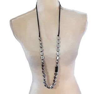 Chico's Silver Tone Nugget Bead Black Cord Long Necklace 36"